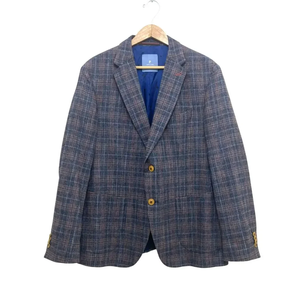 Pierre Cardin Navy Pink Plaid Wool Blend Blazer Sport Coat 42R/L